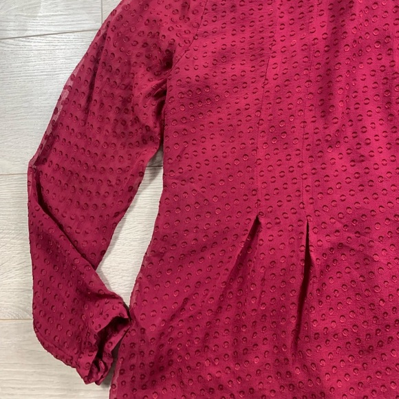 Anthropologie Meadow Rue burgundy Swiss Dot Tie Neck Buttondown Blouse - Picture 6 of 11